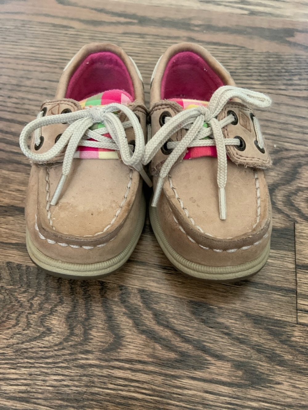Sperry Baby Girl Toddler Intrepid Pink Plaid Tan Velcro Boat Shoes - Picture 2 of 8